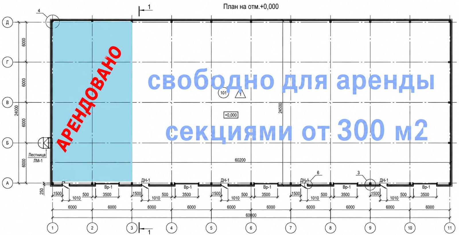 План склада: арендованная секция и свободные площади от 300 м²